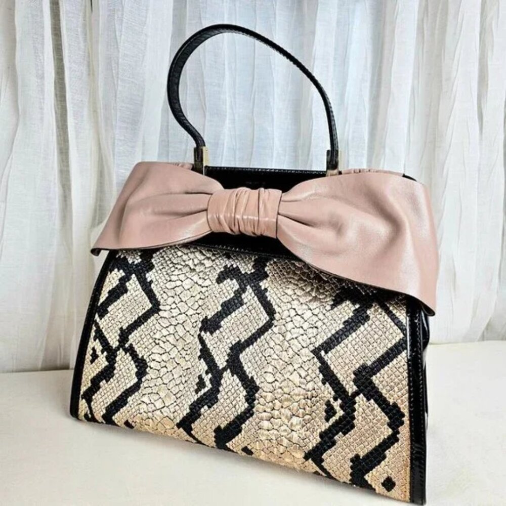 Valentino Garavani Bow Top Handle Bag Snakeskin Jacquard Patent Leather Hangtag